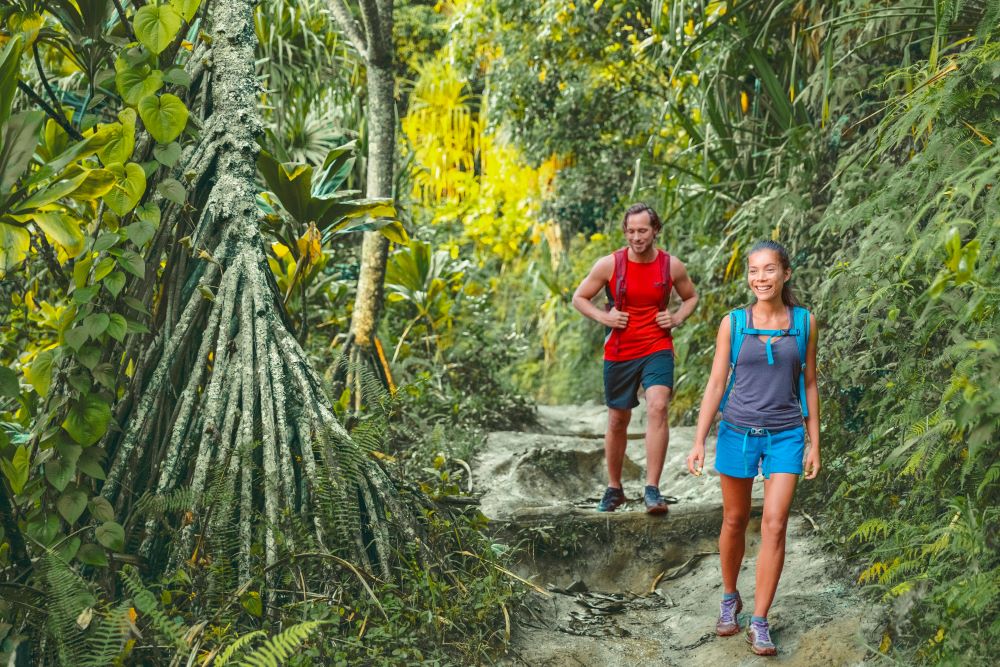 Man and woman hikers in Hawaii tropical jungle